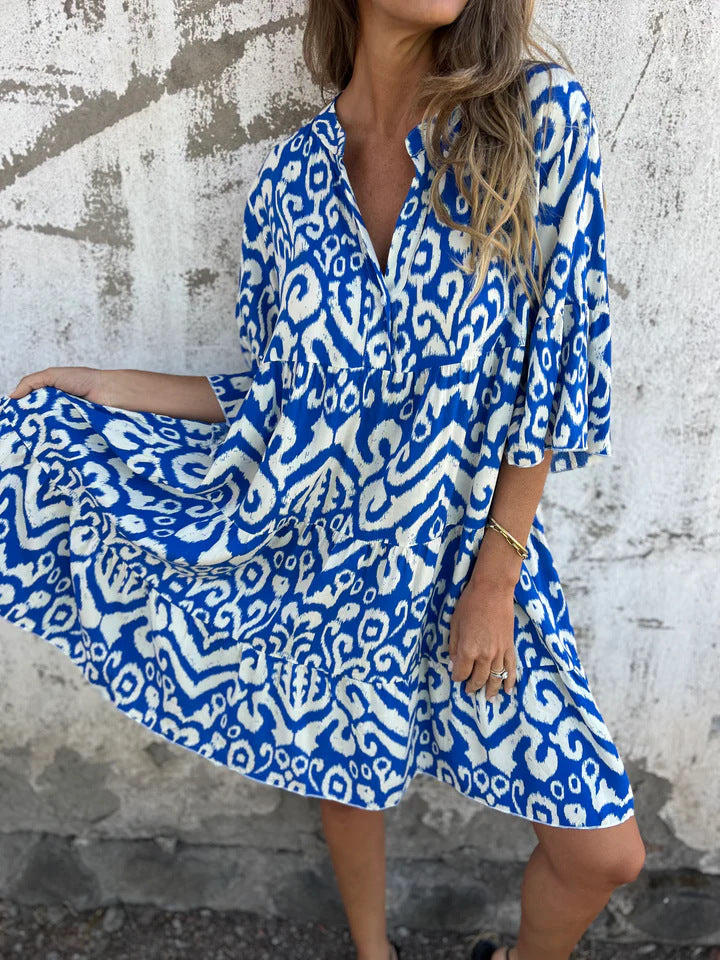 Clarisa | Printed V-Neck Dress with 3/4 Sleeves