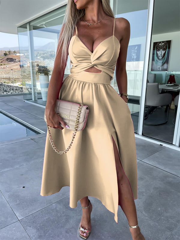 V-Neck Open Back Midi Dress for Women